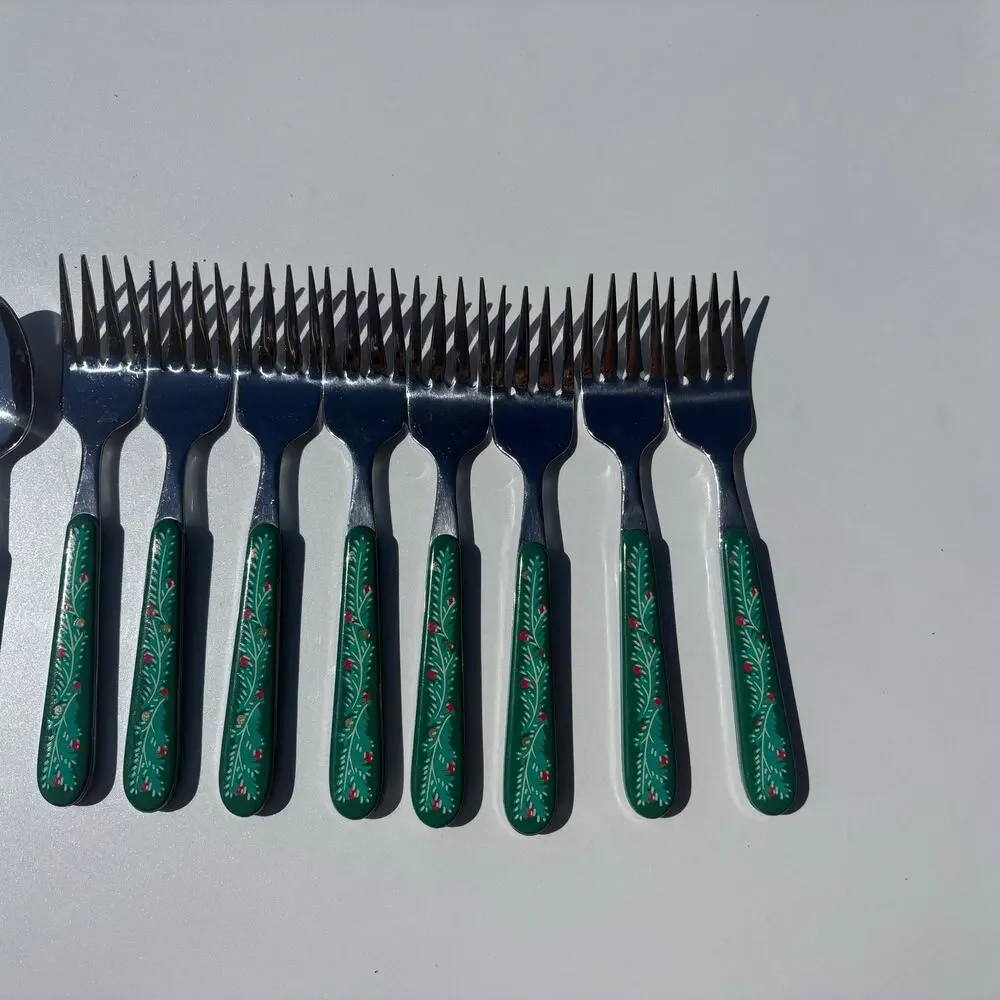 24 piece Green with red leaf design Flatware